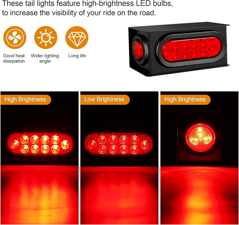 RUNHWEE 2PCS Steel Trailer Light Box Kit with 6" Oval Red 10-LED Tail Lights, Reverse Lights & 2" Round Red 4-LED Side Marker Lights, Includes Grommets & Wire Connectors - Image 2
